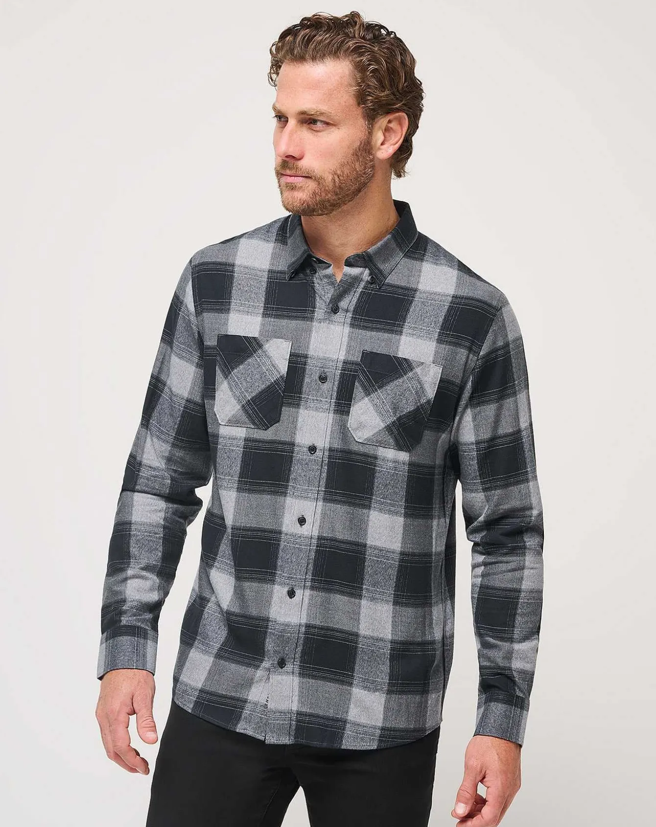 Cloud Flannel Plaid Button-Up